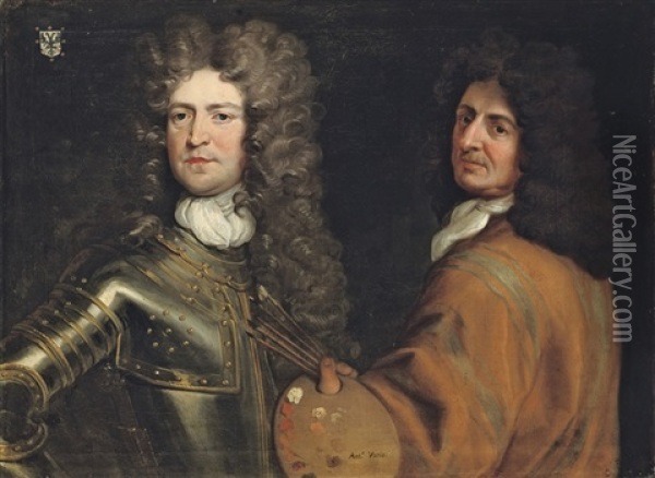 Portrait Of The Artist And Brigadier-general Robert Killigrew Oil Painting - Antonio Verrio