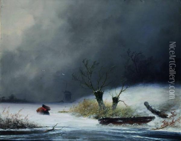 Winterlandschap Met Twee Wilgen Oil Painting - Johannes Franciscus Hoppenbrouwers