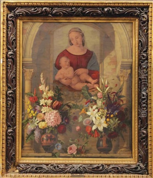 An Altar With Two Bouquets In Ancient Greek Vases Before A Painting Of Madonna And Child Oil Painting - Adolf (Carl) Senff