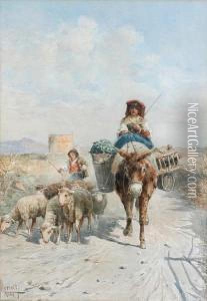 Peasants With Their Flock Of Sheep On Acountry Path Oil Painting - Leopoldo Mariotti