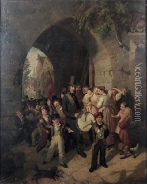 Drummer And Children Bearing Weapons Under Archway Oil Painting - Jacob Gensler