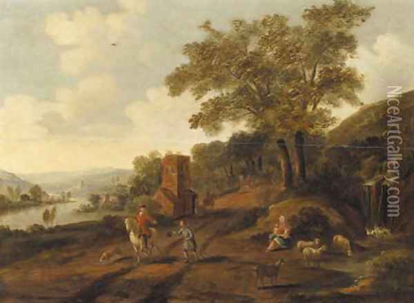 Travellers on a road by a waterfall, a rivervalley beyond Oil Painting - Dionys Verburgh