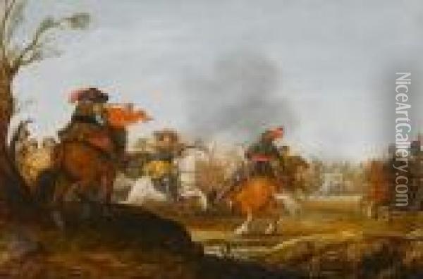 A Cavalry Battle With A Trumpeter On A Bank In The Foreground Oil Painting - Jan the Younger Martszen