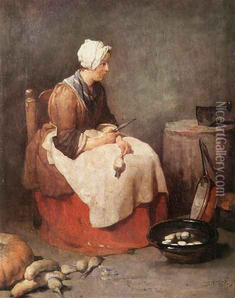 Girl Peeling Vegetables Oil Painting - Jean-Baptiste-Simeon Chardin