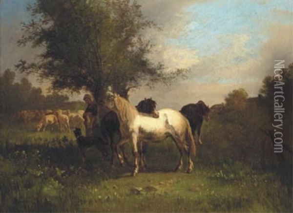 A Farm Girl With Horses And Sheep In A Field Oil Painting - Antonio Cortes Cordero