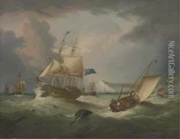 A Thirty Gun Frigate Of The Blue Squadron Off Dover Castle In Choppy Seas Oil Painting - George Webster