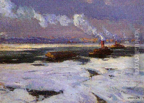 Tug Boats In Icy River Oil Painting - Jonas Lie