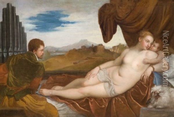 Venus Allongee Avec Un Joueur D'orgue (after Titian) Oil Painting - Lambert Sustris