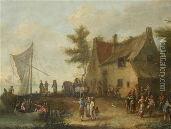 A Harbour Scene With Dancing Peasants Oil Painting - Theobald Michau