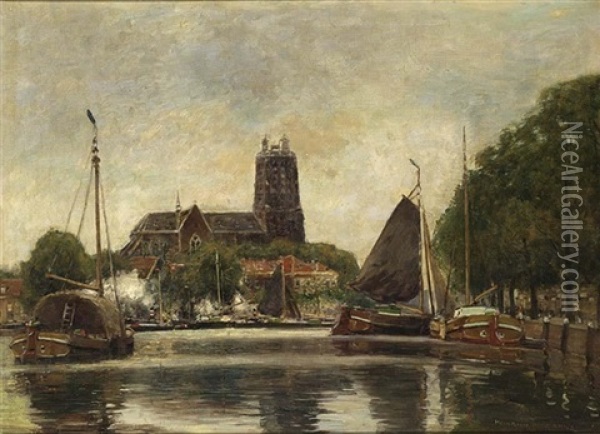 Moored Boats In The Harbour Of Dordrecht Oil Painting - Heinrich Hermanns