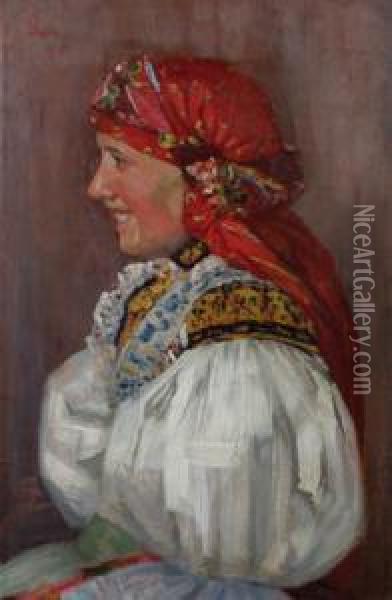 Folk Dress From Castkov Oil Painting - Joza Uprka