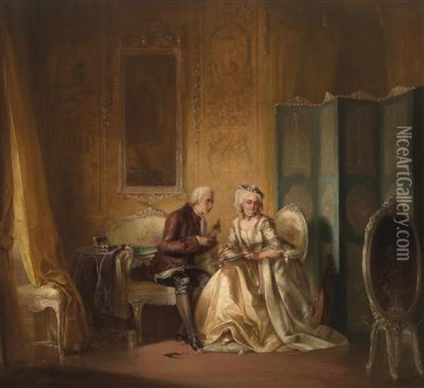 Salon Interior With Young Man Cutting Out The Silhouette Of A Lady Oil Painting - Pancraz Korle