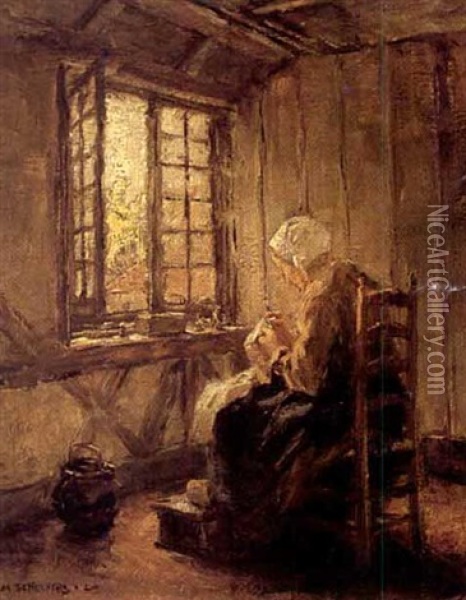 Old Lady Sewing Oil Painting - Malvina (Coburn) Scheepers
