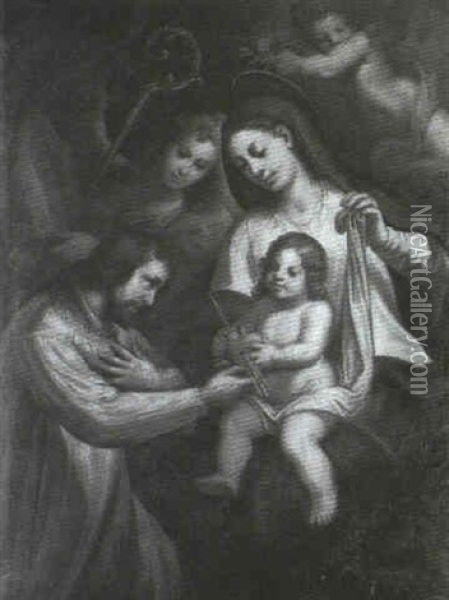 Madonna Mit Dem Jesuskind, Zwei Engeln Und Links Vorn Ein   Bischof Oil Painting - Johann Mathias Kager