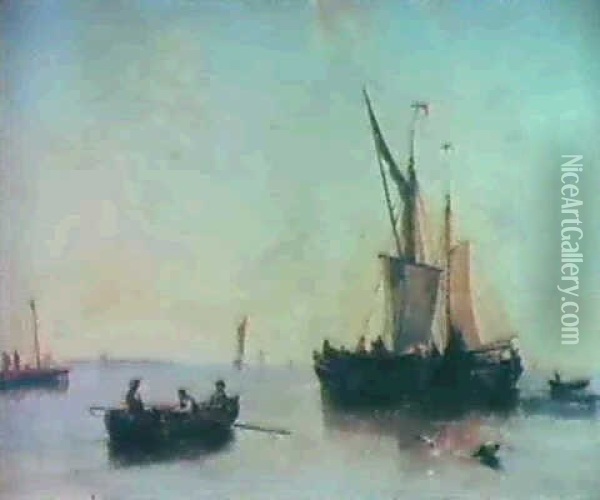 Sailing Barges On A Claim Sea Oil Painting - John Wilson Carmichael