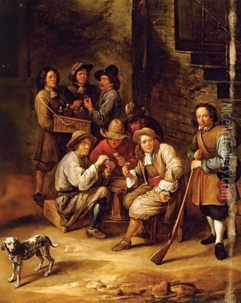 Figures Drinking And Gambling In A Courtyard Oil Painting - Gillis van Tilborgh