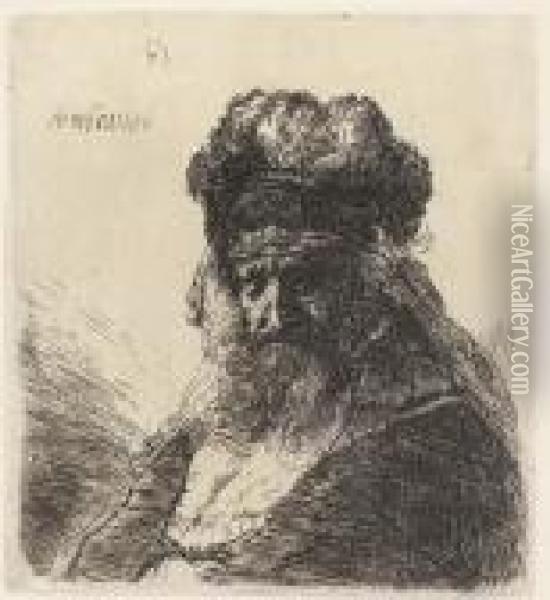 An Old Bearded Man In A High Fur Cap, With Eyes Closed Oil Painting - Rembrandt Van Rijn