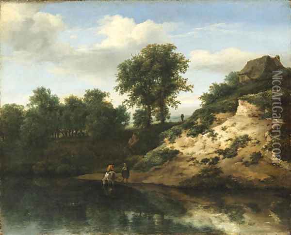 A wooded river landscape with figures conversing and a horse watering, a cottage on a hill beyond Oil Painting - Jan The Elder Vermeer Van Haarlem