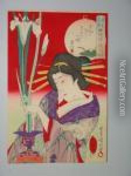 Une Jeune Femme Enbuste Avec Un Bouquet D'iris Oil Painting - Toyohara Kunichika