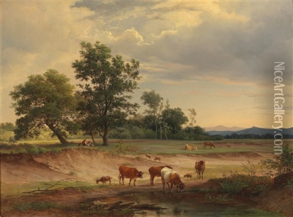 A Vast Landscape With Resting Shepherds Near Modling, In The Background Modling Castle Oil Painting - Joseph Feid
