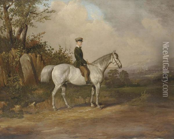 A Young Boy On A Dappled Grey Oil Painting - Joseph Dunn Of Worcester