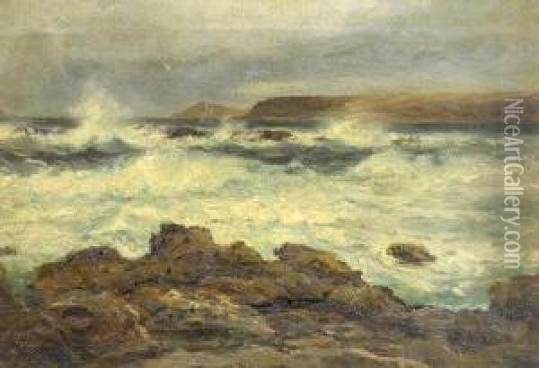Rough Seas Off A Rocky Shore Oil Painting - Charles Mottram
