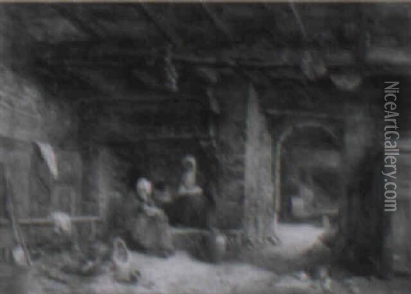 Women At A Hearth Tending Baby In Rustic Cottage Oil Painting - Alfred Provis