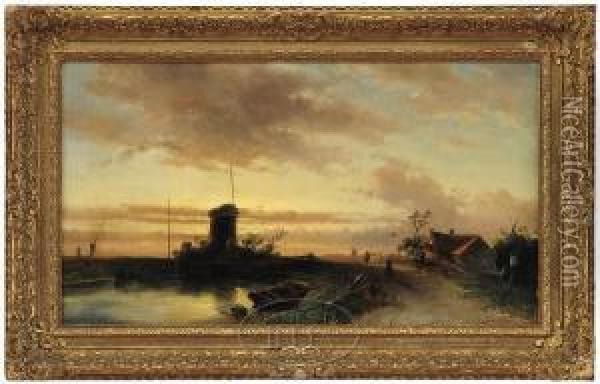 Windmills In The Sunset Oil Painting - Charles Henri Leickert