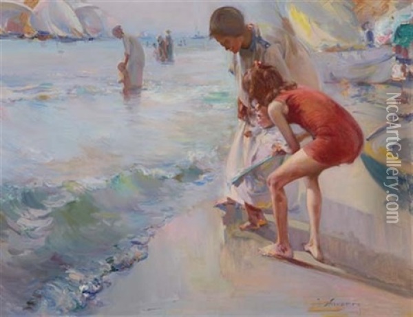 Ninos En La Playa - Children On The Beach Oil Painting - Jose Navarro Llorens