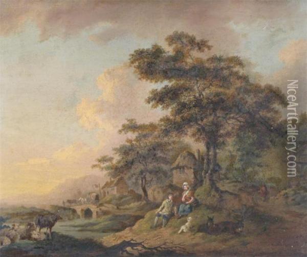 Pastoral River Landscapes With Couples Resting Near Hamlets Oil Painting - Julius Caesar Ibbetson