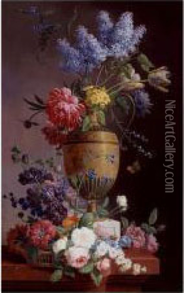 Still Life Of Lilacs, Roses, 
Tulips And Other Flowers In A Tall Urn Resting On A Ledge With A Basket 
Overflowing With Flowers Oil Painting - Pieter Faes
