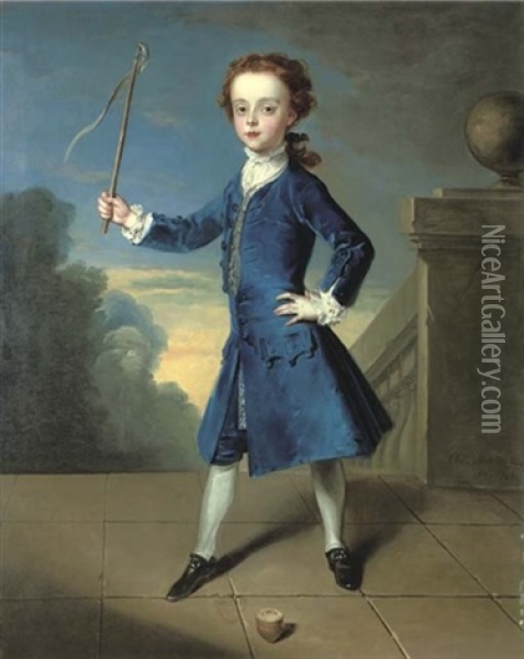 Portrait Of A Boy In A Blue Coat, With A Spinning Top, On A Terrace Oil Painting - Philip Mercier