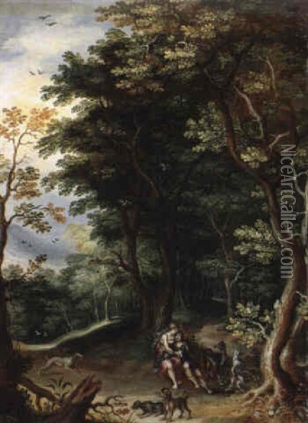 Venus Und Adonis Mit Hunden In Bewaldeter Landschaft Oil Painting - Denis van Alsloot