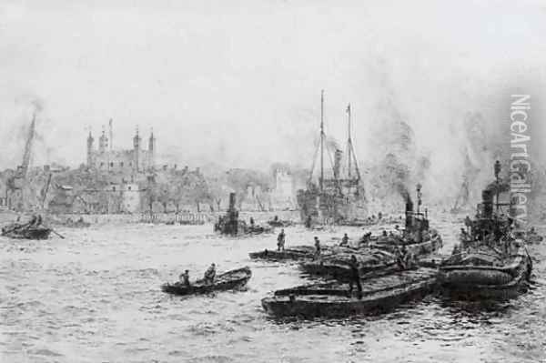 Barges and other shipping in the Pool of London before the Tower Oil Painting - William Lionel Wyllie