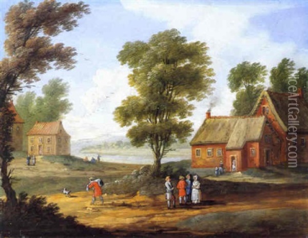 Weite Fluslandschaft Mit Hausern Und Bauern Oil Painting - Jan Frans van Bredael the Elder