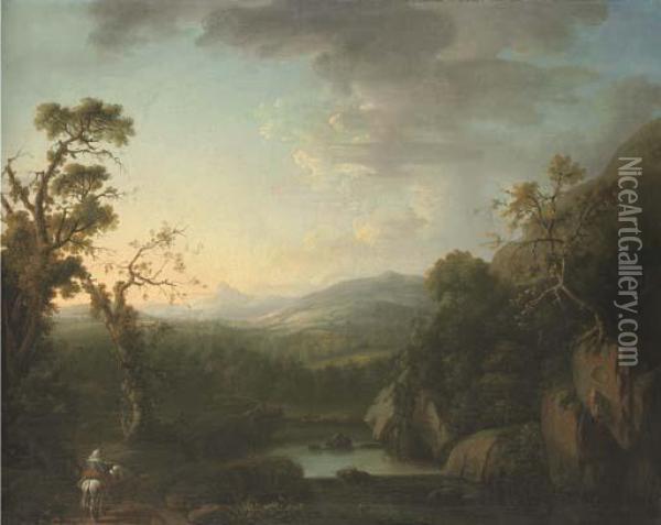 An Extensive River Landscape With A Figure And Horse On A Path In The Foreground Oil Painting - John Butts