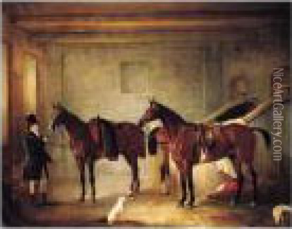 Sir John Thorold's Bay Hunters With Their Groom In A Stable Oil Painting - John Snr Ferneley