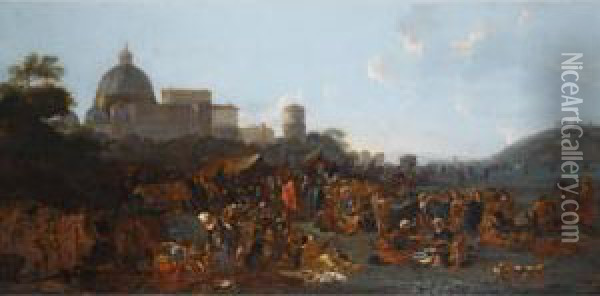 Figures Feasting At A Fair In 
Prati, Outside The Walls Of Rome, With The Basilica Di San Pietro And 
Monte Mario Beyond Oil Painting - Jan Miel