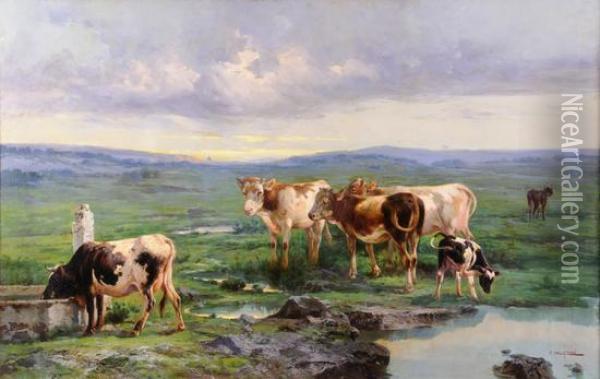 Mucche All' Abbeverata Nella Campagna Con Roma In Lontananza Oil Painting - John, Giovanni Califano
