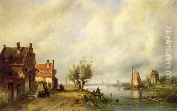 A River Landscape in Summer with Peasants Conversing by Old Houses along a Road, Moored Shipping Across, a Town in the Distance Oil Painting - Charles Henri Leickert