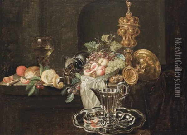 An Orange, Bread And A Knife, With A Partly Peeled Lemon And Cherries On A Silver Tray, Peaches, Grapes And A Medlar In A Porcelain Bowl, With An Upturned Tazza And A Silver Guilt Cup And Cover, On A Partly Draped And A Jug On A Tray Oil Painting - Simon Luttichuys