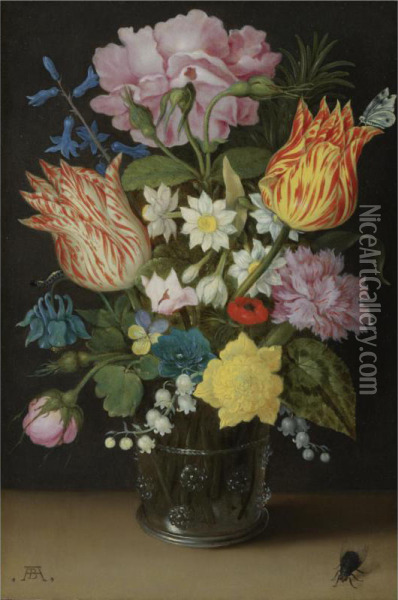 Still Life With Tulips, Roses, Narcissi And Other Flowers In A Glass Beaker Oil Painting - Ambrosius the Elder Bosschaert