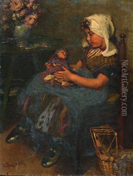 Zeeuws Meisje Met Haar Pop En Poppenbedje Oil Painting - Hendrik Horrix