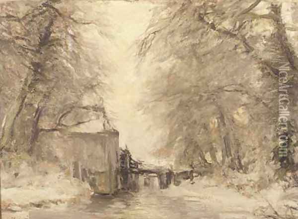 A watermill in winter Oil Painting - Louis Apol