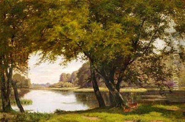 To Hjorte Ved En So Oil Painting - August Carl Vilhelm Thomsen