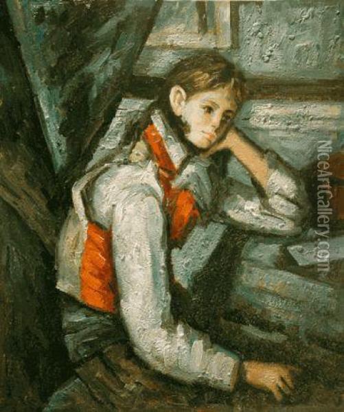Boy In A Red Waistcoat Leaning On His Elbow Oil Painting - Paul Cezanne