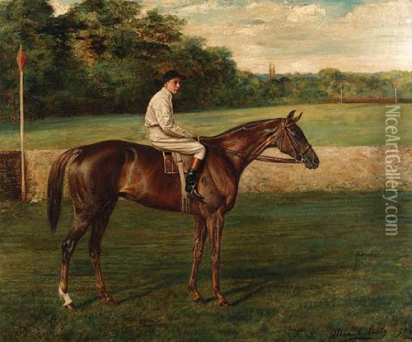 A Chestnut Racehorse With Jockey-up, On A Racecourse Oil Painting - Allen Culpepper Sealey