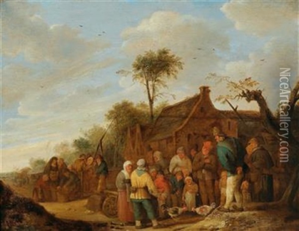 Peasants In Front Of A Farmhouse Oil Painting - Bartholomeus Molenaer