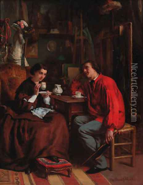 Tea time in the artist's studio Oil Painting - Victor De Bornschlegel