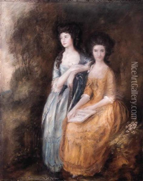 The Linley Sisters, Mrs. 
Sheridan And Mrs. Tickel, Full-length, Oneseated, In A Wooded Landscape Oil Painting - Thomas Gainsborough